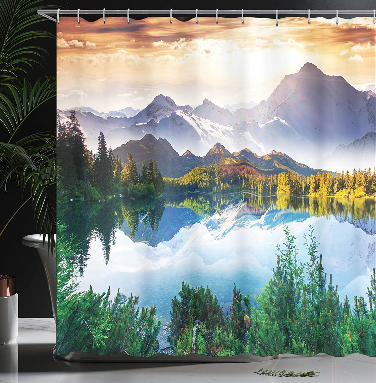 Green/Blue/Brown Mountain Lake View Sunny Day Nature Scene Shower Curtain - Image 3