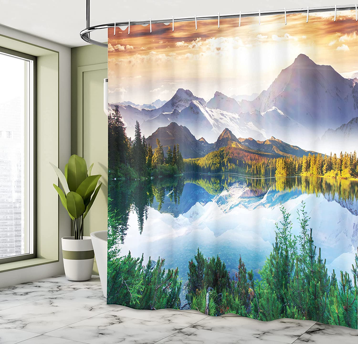 Green/Blue/Brown Mountain Lake View Sunny Day Nature Scene Shower Curtain - Image 4