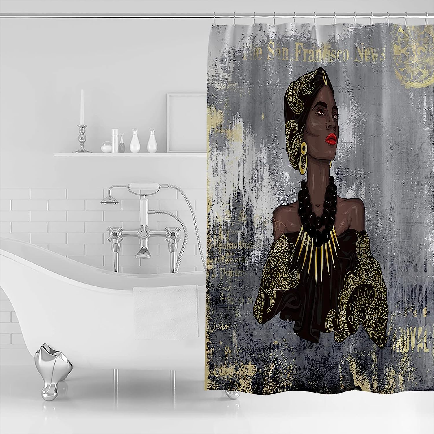 Grey Abstract Art African American Girl Shower Curtain with Unique Design