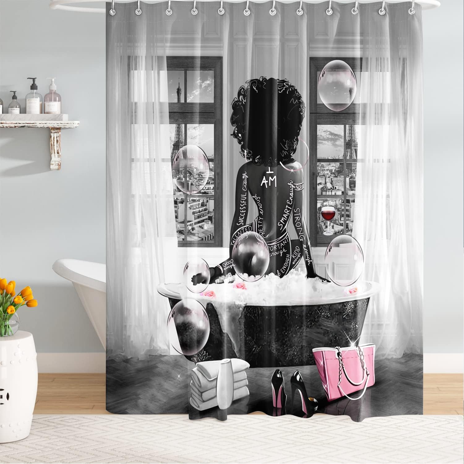 Grey African American Woman Shower Curtain for a Chic Bathroom