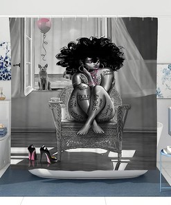 Grey African American Woman Shower Curtain for a Modern Bathroom