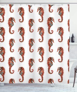 Grey And Red Seahorse Shower Curtain, Watercolor Pattern With Vibrant Effect Beauty Of Nature Design