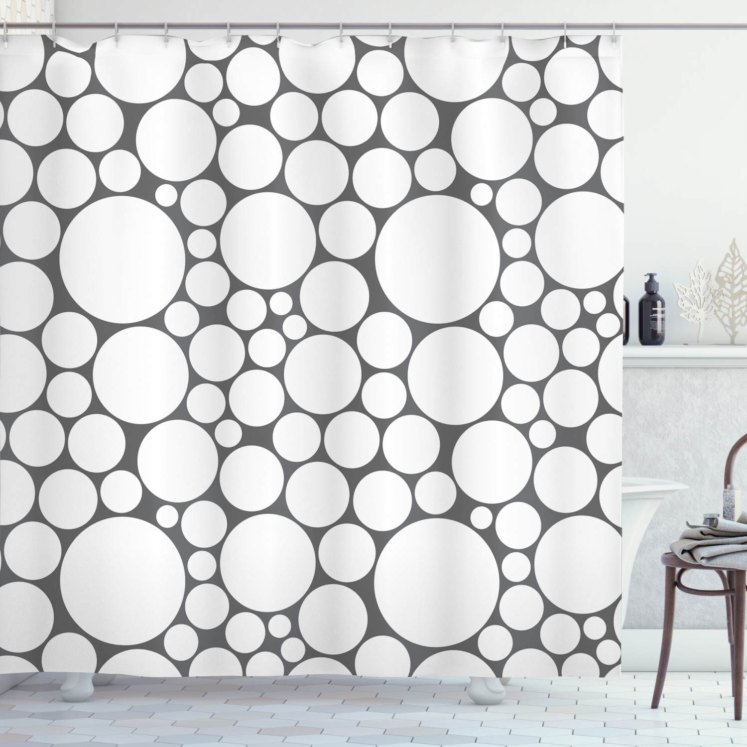 Grey And White Circle Geometric Pattern Shower Curtain For Modern Bathroom Decor