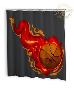 Grey Basketball Shower Curtain With Orange And Red Flames - Personalized Kids Fabric Bath Decor #278