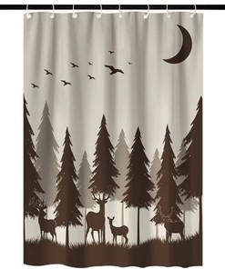 Grey Black Forest Mountain Happy Camper Cloth Fabric RV Bathroom Decor Shower Curtain