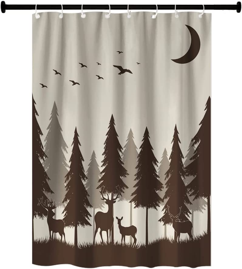 Grey Black Forest Mountain Happy Camper Cloth Fabric RV Bathroom Decor Shower Curtain