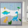 Grey Blue Grid Dots Print Cartoon Dinosaur Bath Curtain, Cute Dino Animals Tropical Plant Leaves Room Decor