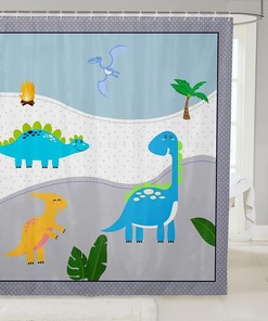 Grey Blue Grid Dots Print Cartoon Dinosaur Bath Curtain, Cute Dino Animals Tropical Plant Leaves Room Decor