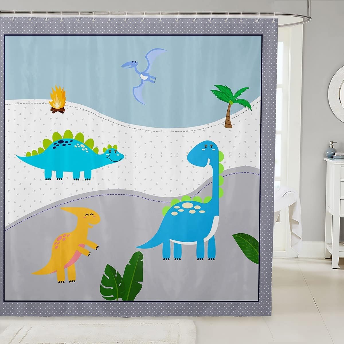Grey Blue Grid Dots Print Cartoon Dinosaur Bath Curtain, Cute Dino Animals Tropical Plant Leaves Room Decor