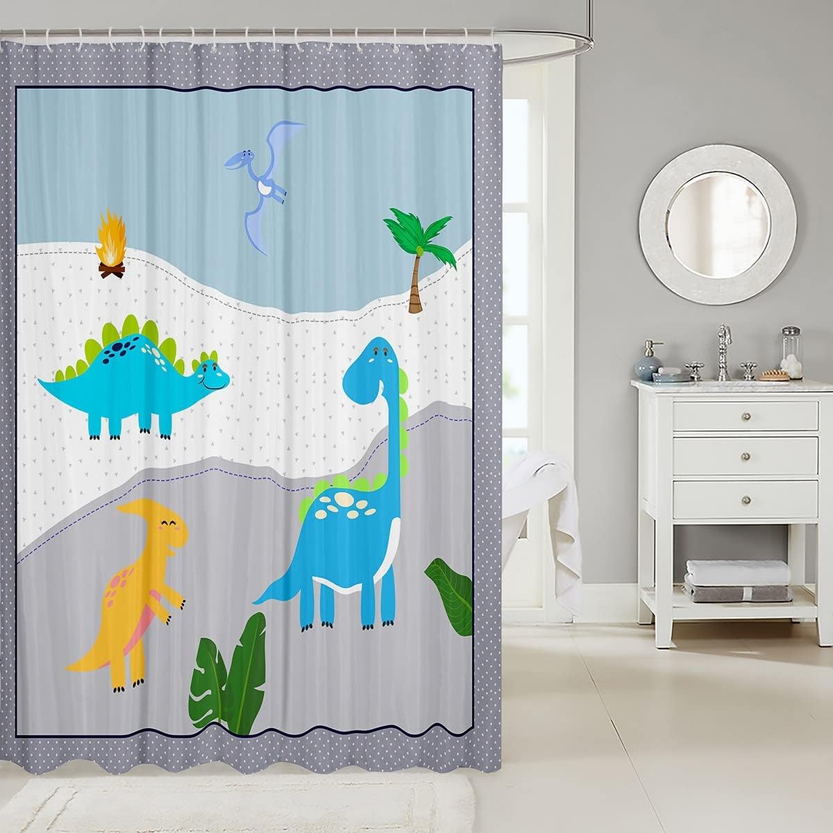 Grey Blue Grid Dots Print Cartoon Dinosaur Bath Curtain, Cute Dino Animals Tropical Plant Leaves Room Decor - Image 2