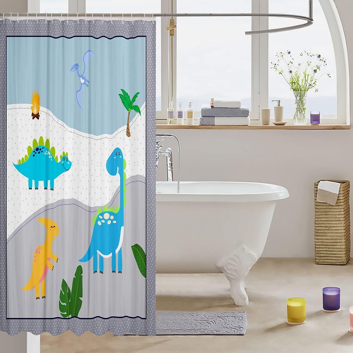 Grey Blue Grid Dots Print Cartoon Dinosaur Bath Curtain, Cute Dino Animals Tropical Plant Leaves Room Decor - Image 3