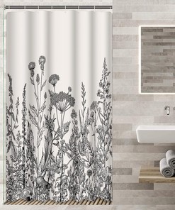 Grey Camper Shower Curtain With Botanical Vintage Engraving, Waterproof Bathroom Decor 