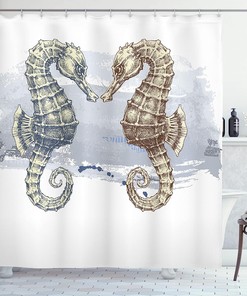 Grey Cream Seahorse Shower Curtain, Lovers In Paintbrush Artisan Technique Grunge Splash On Background