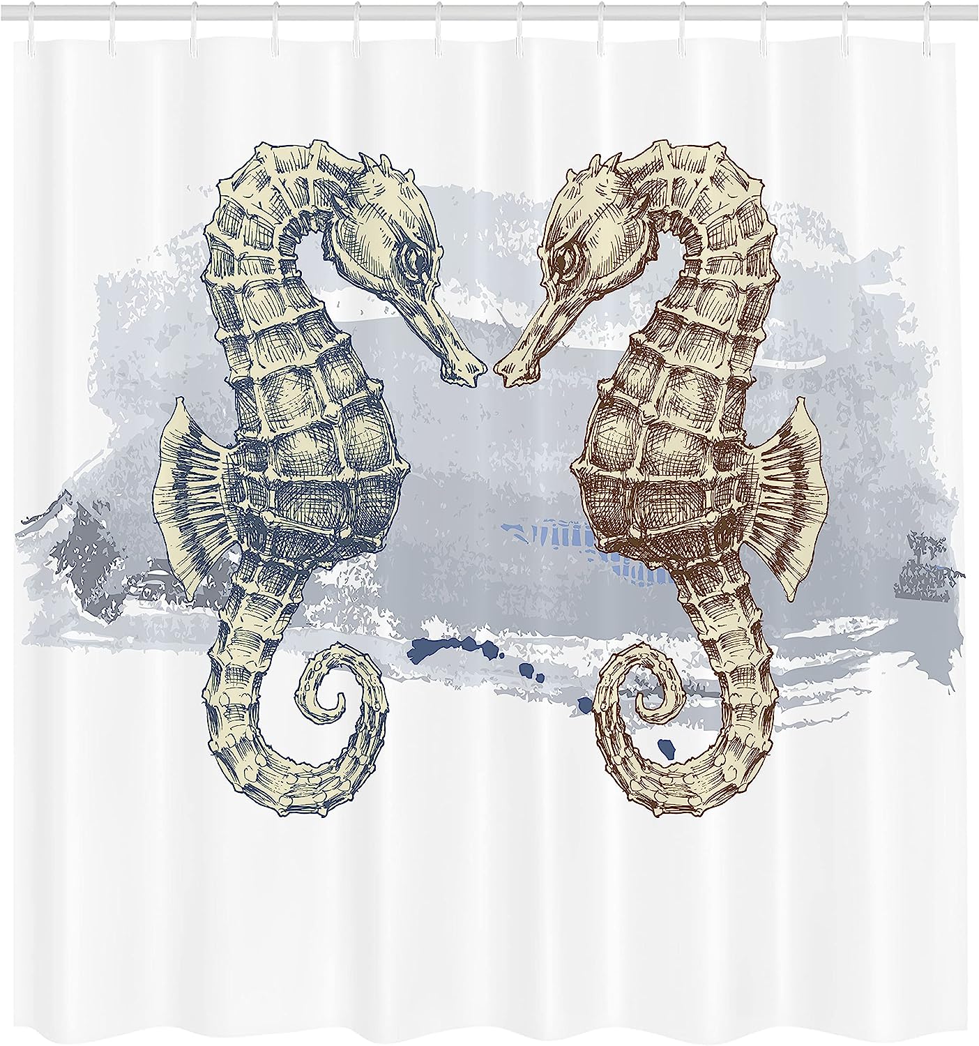 Grey Cream Seahorse Shower Curtain, Lovers In Paintbrush Artisan Technique Grunge Splash On Background - Image 2