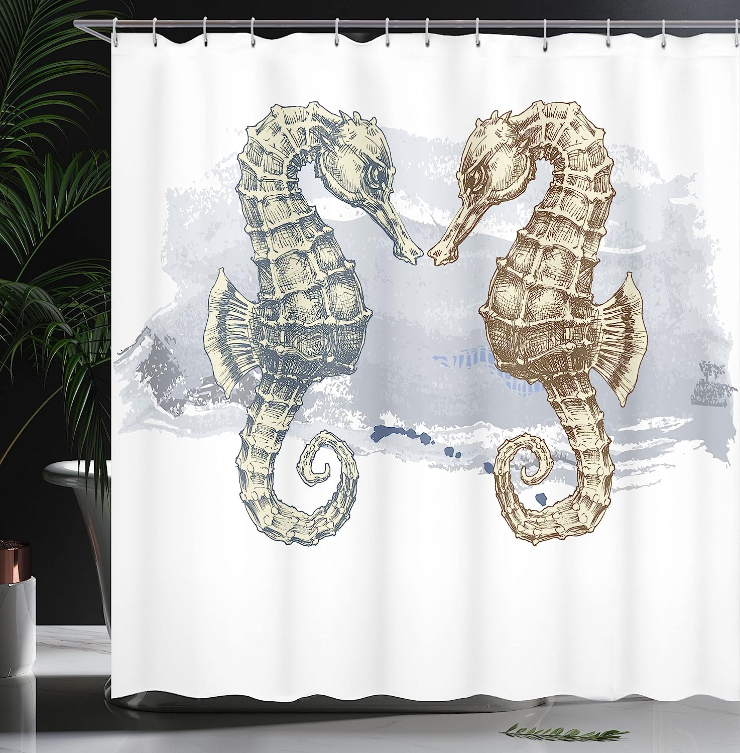 Grey Cream Seahorse Shower Curtain, Lovers In Paintbrush Artisan Technique Grunge Splash On Background - Image 3