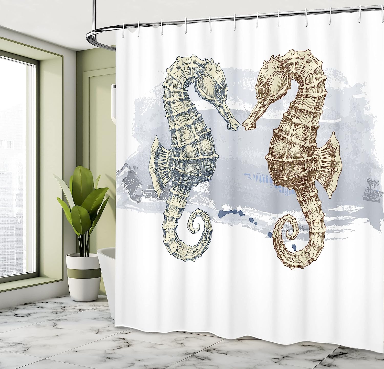 Grey Cream Seahorse Shower Curtain, Lovers In Paintbrush Artisan Technique Grunge Splash On Background - Image 4