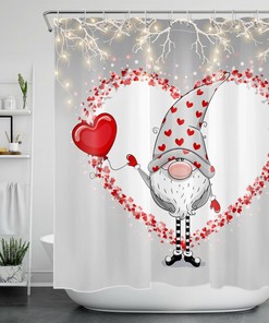 Grey Cute Gnome Red Love Heart Shower Curtain for Bathroom Decor