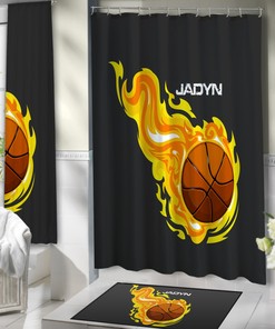 Grey Flames Basketball Shower Curtain For Boys - Personalized Sports Shower Curtain