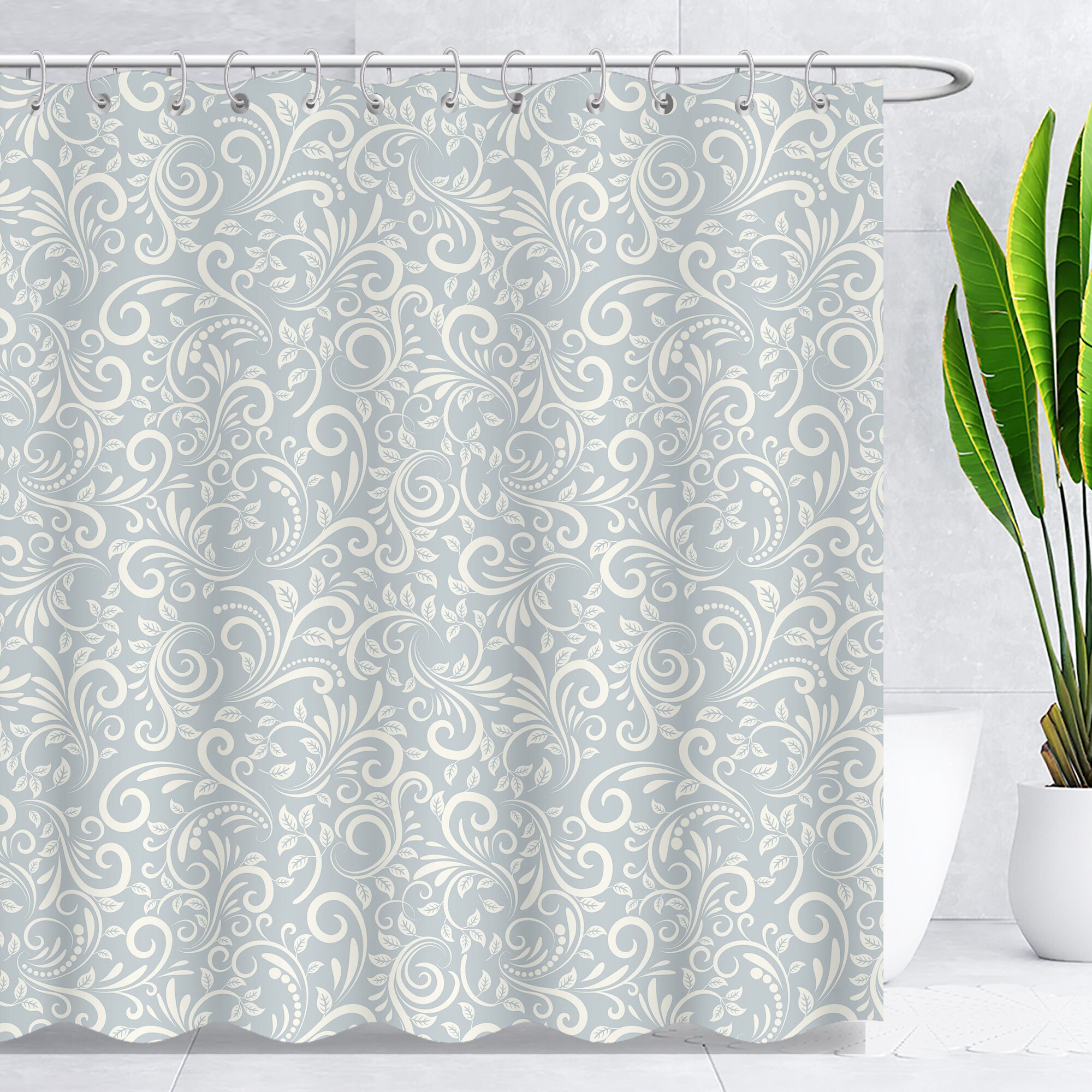 Grey Floral Leaves Botanical Shower Curtain
