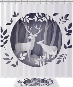 Grey Forest Deer Shower Set With Hookless Bath Curtains And Bathroom Accessories