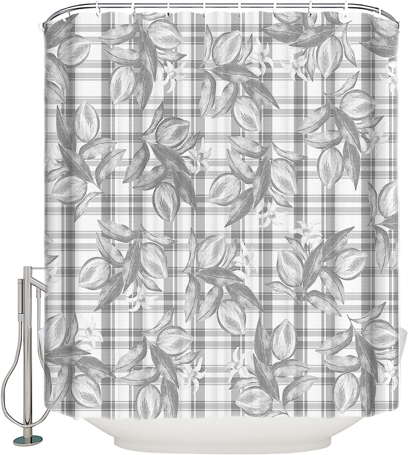 Grey Fruit Lemon Shower Curtain - Buffalo Plaid Check Bath Curtains - Washable Cloth Fabric Bathroom Decor