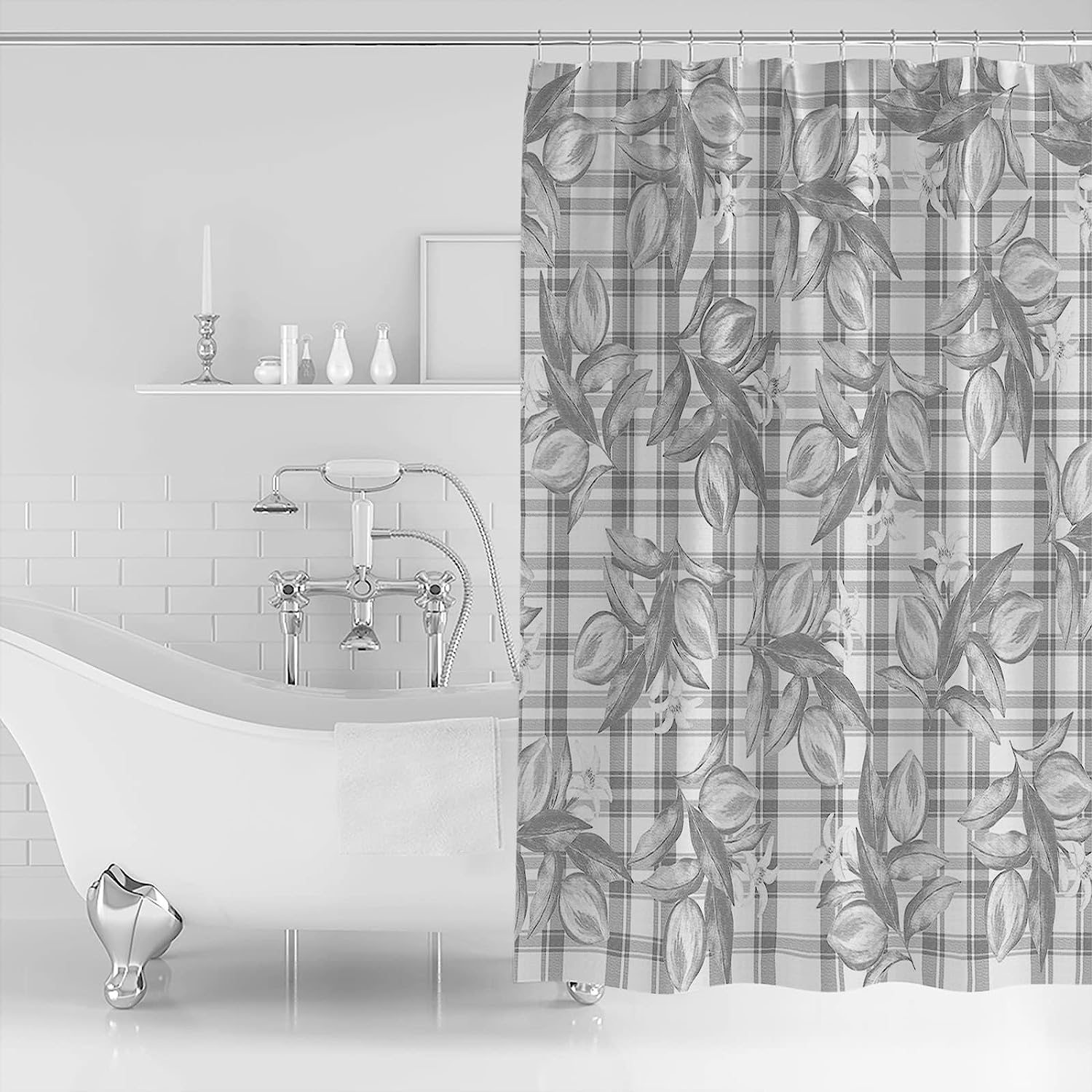 Grey Fruit Lemon Shower Curtain - Buffalo Plaid Check Bath Curtains - Washable Cloth Fabric Bathroom Decor