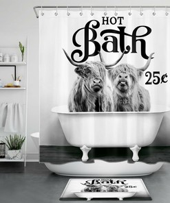Grey Funny Word Wild Highland Cow Bathtub Shower Curtain For Bathroom Decor