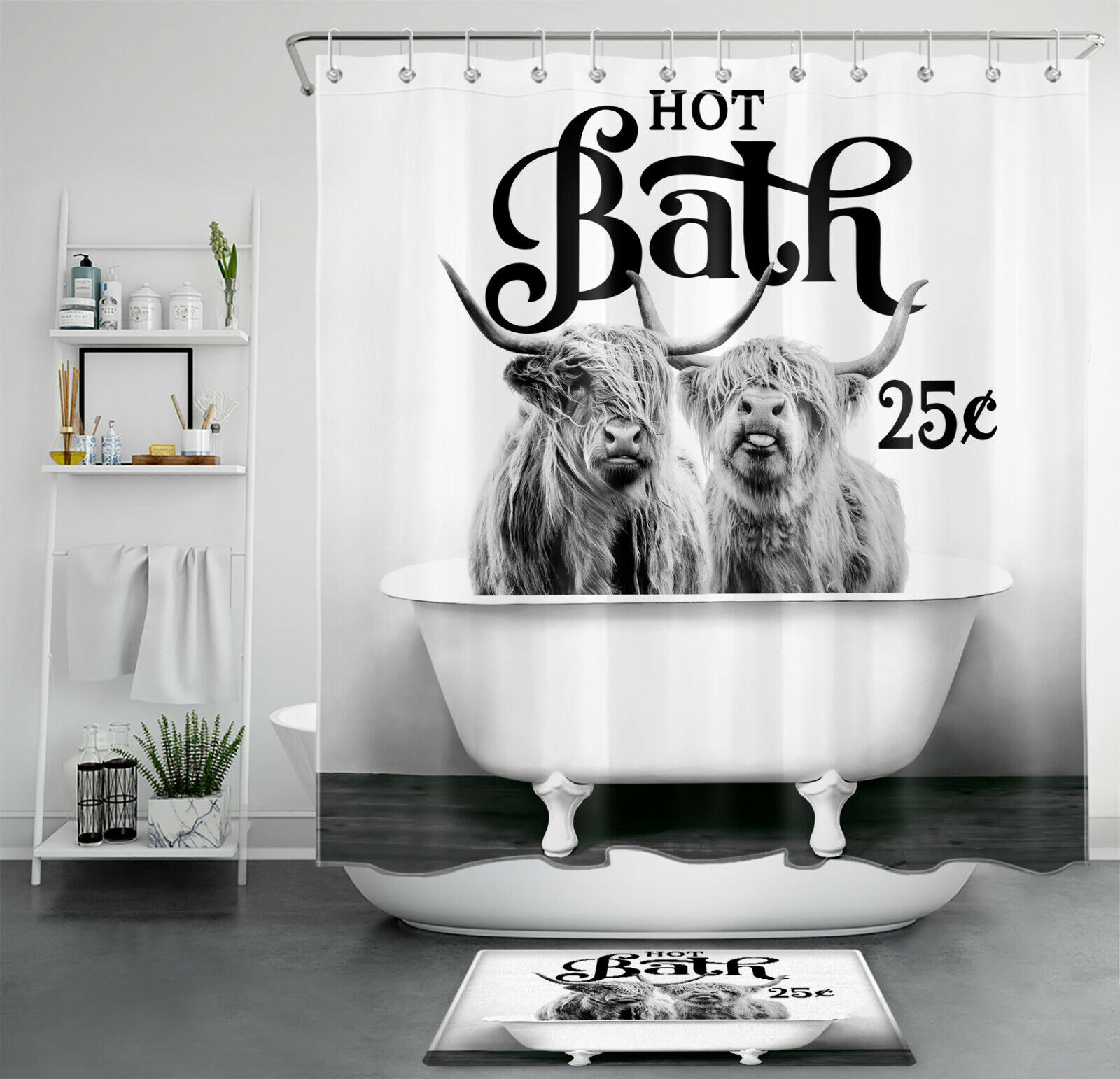 Grey Funny Word Wild Highland Cow Bathtub Shower Curtain For Bathroom Decor