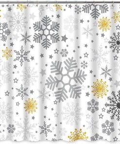 Grey Gold Snowflakes Shower Curtain with Winter Christmas Theme for Holiday Bathroom Decor 