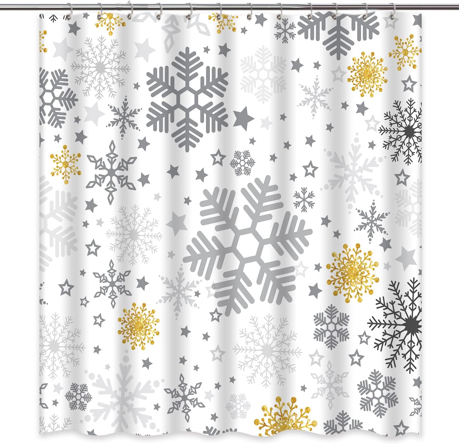 Grey Gold Snowflakes Shower Curtain with Winter Christmas Theme for Holiday Bathroom Decor