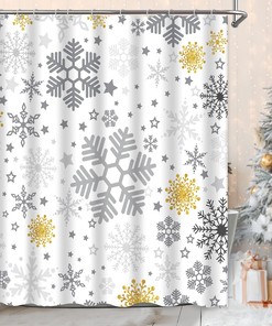 Grey Gold Snowflakes Shower Curtain with Winter Christmas Theme for Holiday Bathroom Decor