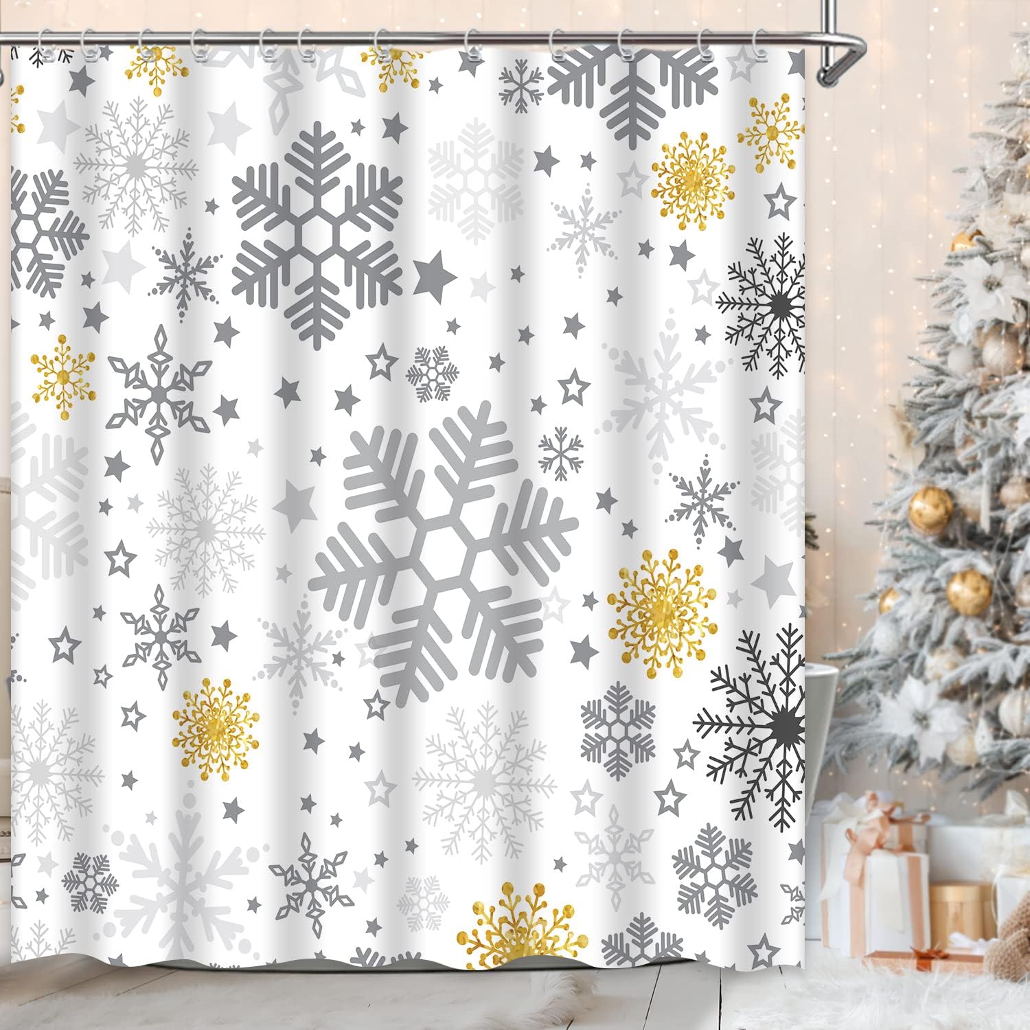 Grey Gold Snowflakes Shower Curtain with Winter Christmas Theme for Holiday Bathroom Decor
