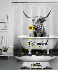 Grey Highland Cow Sunflower Shower Curtain With Inspirational Words