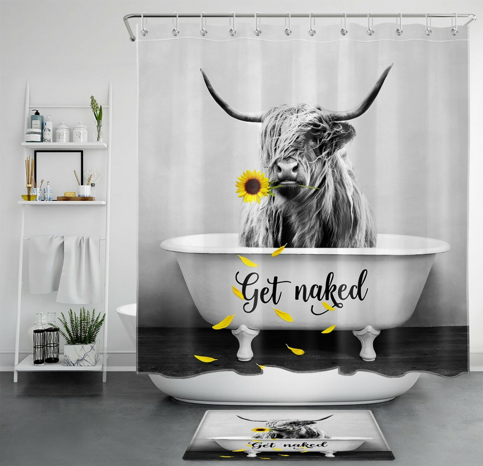 Grey Highland Cow Sunflower Shower Curtain With Inspirational Words