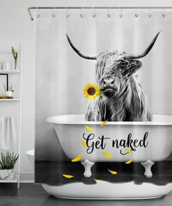 Grey Highland Cow Sunflower Shower Curtain With Inspirational Words