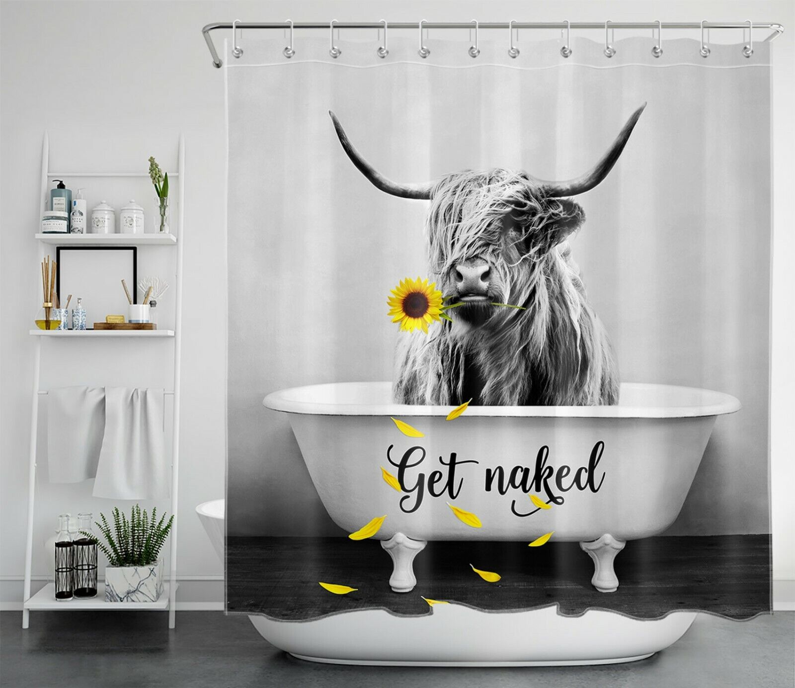 Grey Highland Cow Sunflower Shower Curtain With Inspirational Words
