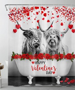 Grey Highland Cow in Bathtub Valentine's Shower Curtain with Red Rose Flower Love Heart