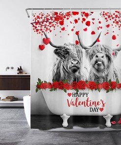 Grey Highland Cow in Bathtub Valentine's Shower Curtain with Red Rose Flower Love Heart