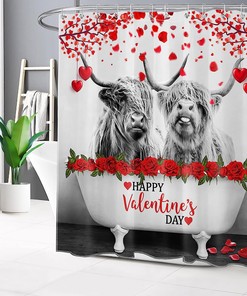 Grey Highland Cow in Bathtub Valentine's Shower Curtain with Red Rose Flower Love Heart