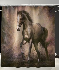 Grey Horse Oil Painting Waterproof Shower Curtain for Bathroom Decor- Unbranded