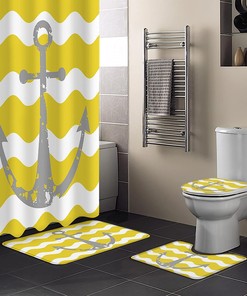 Grey Nautical Anchor Yellow Wavy Stripes Best Shower Curtain