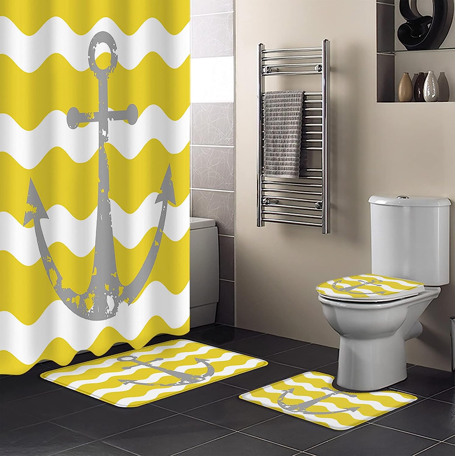 Grey Nautical Anchor Yellow Wavy Stripes Best Shower Curtain