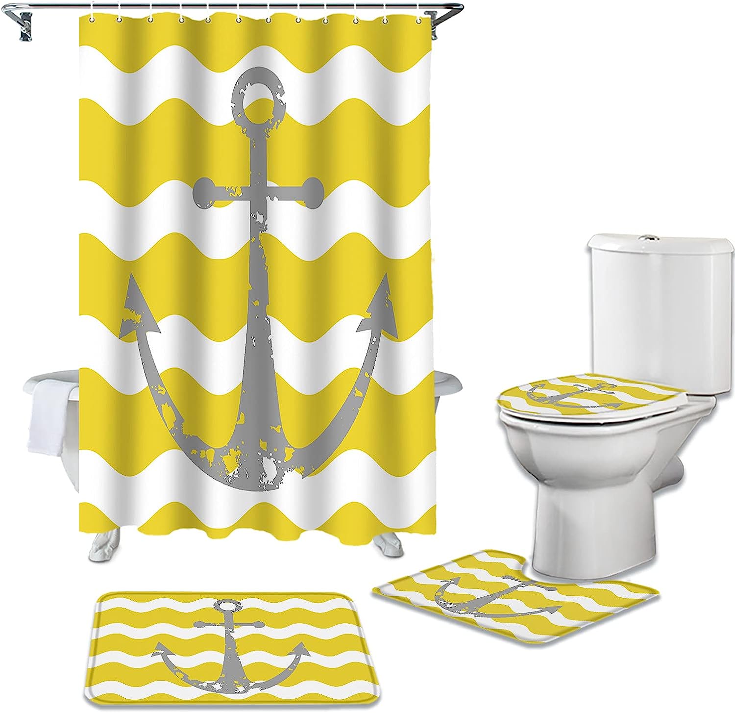 Grey Nautical Anchor Yellow Wavy Stripes Best Shower Curtain
