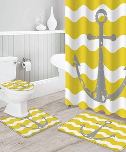 Grey Nautical Anchor Yellow Wavy Stripes Best Shower Curtain
