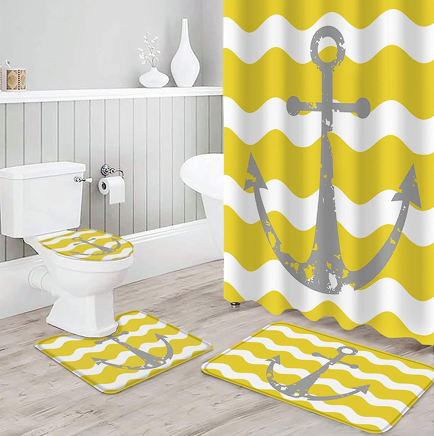 Grey Nautical Anchor Yellow Wavy Stripes Best Shower Curtain