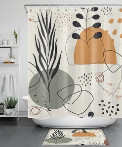 Grey Palm Leaf and Orange Color Block Geometric Mid Century Shower Curtain