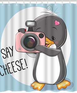 Grey Penguin with Camera Cheese and Cute Cartoon Animal Print Shower Curtain