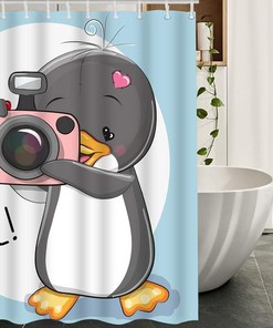 Grey Penguin with Camera Cheese and Cute Cartoon Animal Print Shower Curtain