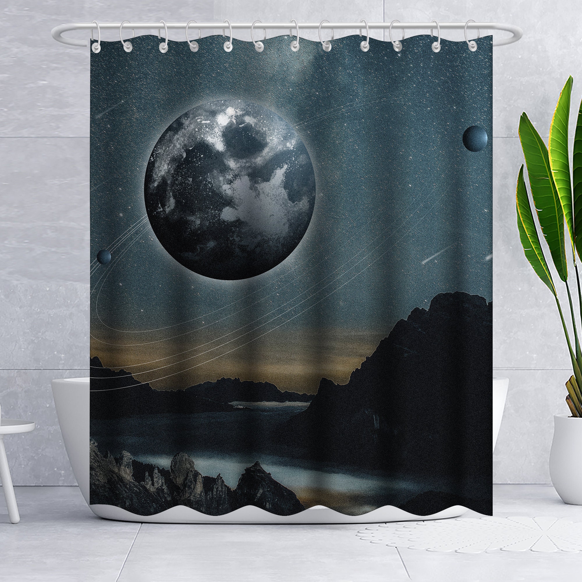 Grey Planet and Starry Sky Moon Shower Curtain: Elegant Bathroom Accessories with Dark and Dreamy Atmosphere