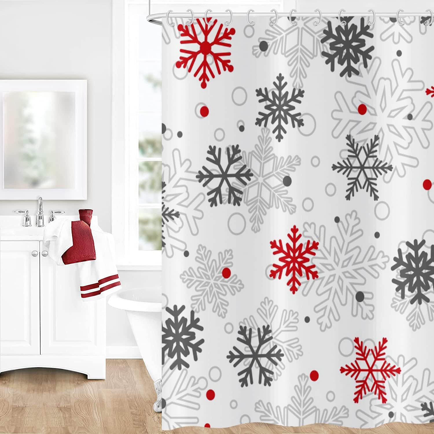 Grey Red White Snowflake Christmas Winter Shower Curtain Home Bathtub Decor